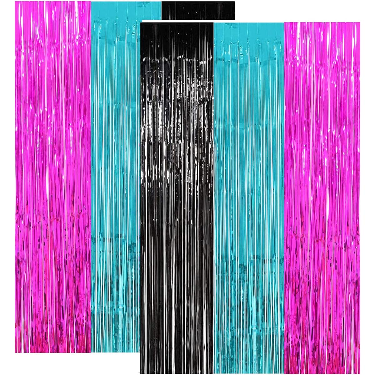 TIK Tok Birthday Decorations Tiktok Photo Booth Props Background Backdrop for Tiktok Party TIK Tok Party Decorations Fuchsia Black Teal 6pcs Fringe Foil Curtains for TIK Tok Party