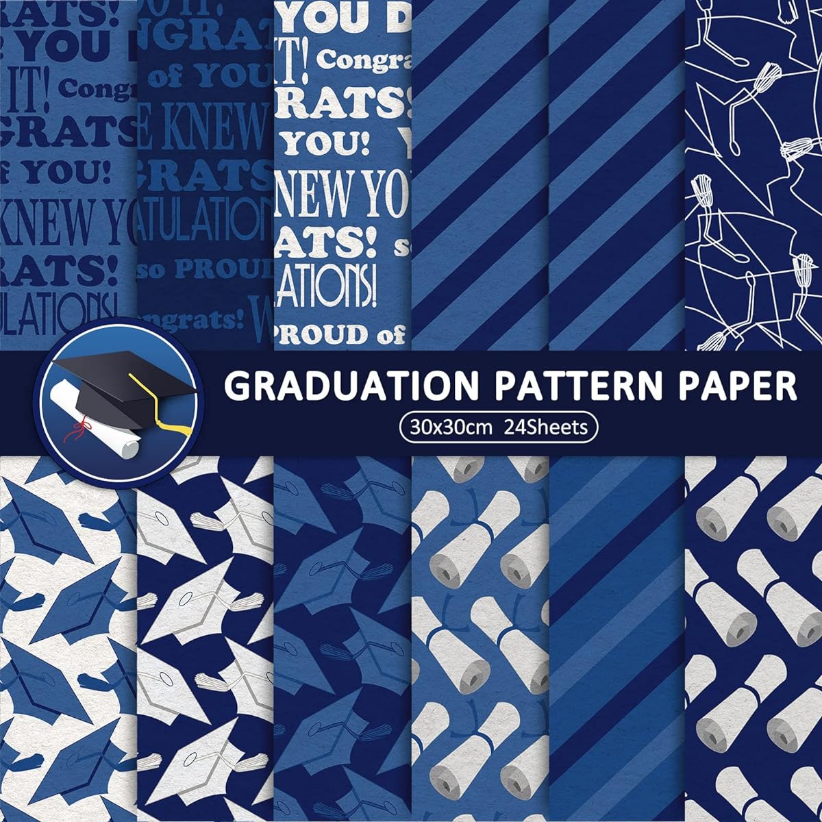 Whaline 12 Designs Graduation Pattern Paper 24 Sheets Blue Scrapbook Paper Double Sided Collection Decorative Craft Paper Folds Flat for Card Making Scrapbooking Graduation Photo Album Decoration 30 x 30cm