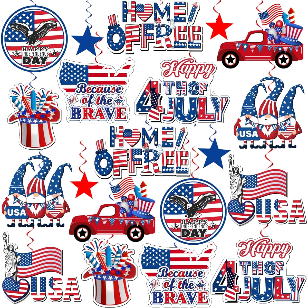 36pcs 4th of July Decorations Hanging Swirls, NO-DIY Patriotic Decor 4th of July Party Decorations Hanging Swirls Independence Day 4th of July Decorations Hanging Swirls