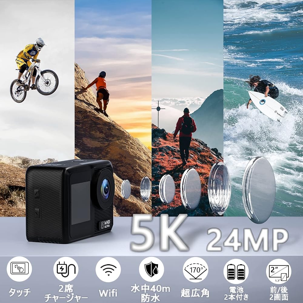 Action Camera, Wireless Microphone Included, 30 Fps, 24 MP, 5K Action Camera, EIS, 6-Axis Image Stabilization, Touch Panel Type, Front/Rear Dual Screen, Action Cam, IPX8, Waterproof, 40M Underwater
