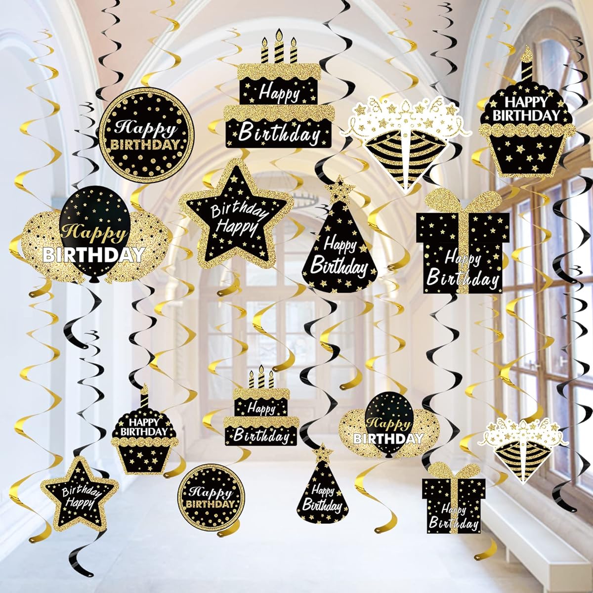 Black Gold Birthday Hanging Swirl Decorations for Men Women 16pcs Happy Birthday Foil Swirl Signs Party Supplies 10th 16th 21st 30th 40th 50th 60th Birthday Ceiling Swirl Decor