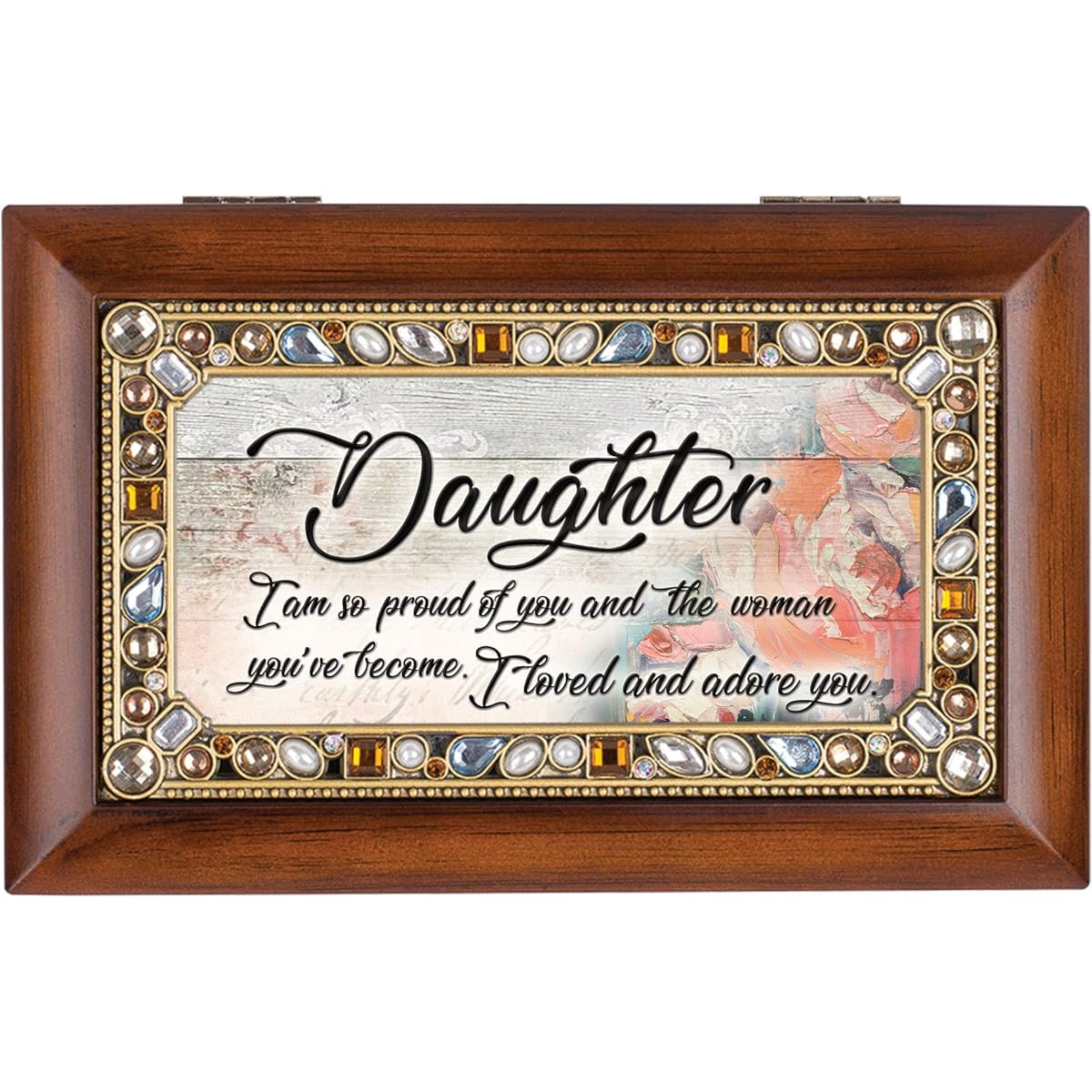 Cottage Garden Daughter So Proud of You Love Woodgrain Jeweled Small Music Box Playing a Wonderful World