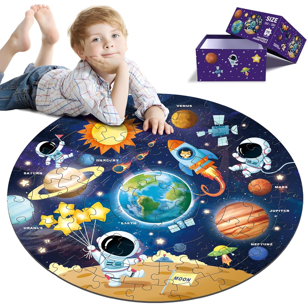Solar System Round Jigsaw Puzzle Kids Floor Puzzle Large 70 Piece Space Planets Puzzle for Toddlers 3-5 Years Old Preschool Learning Education Christmas Birthday Gift for 4-8 Year Old Boys/Girls
