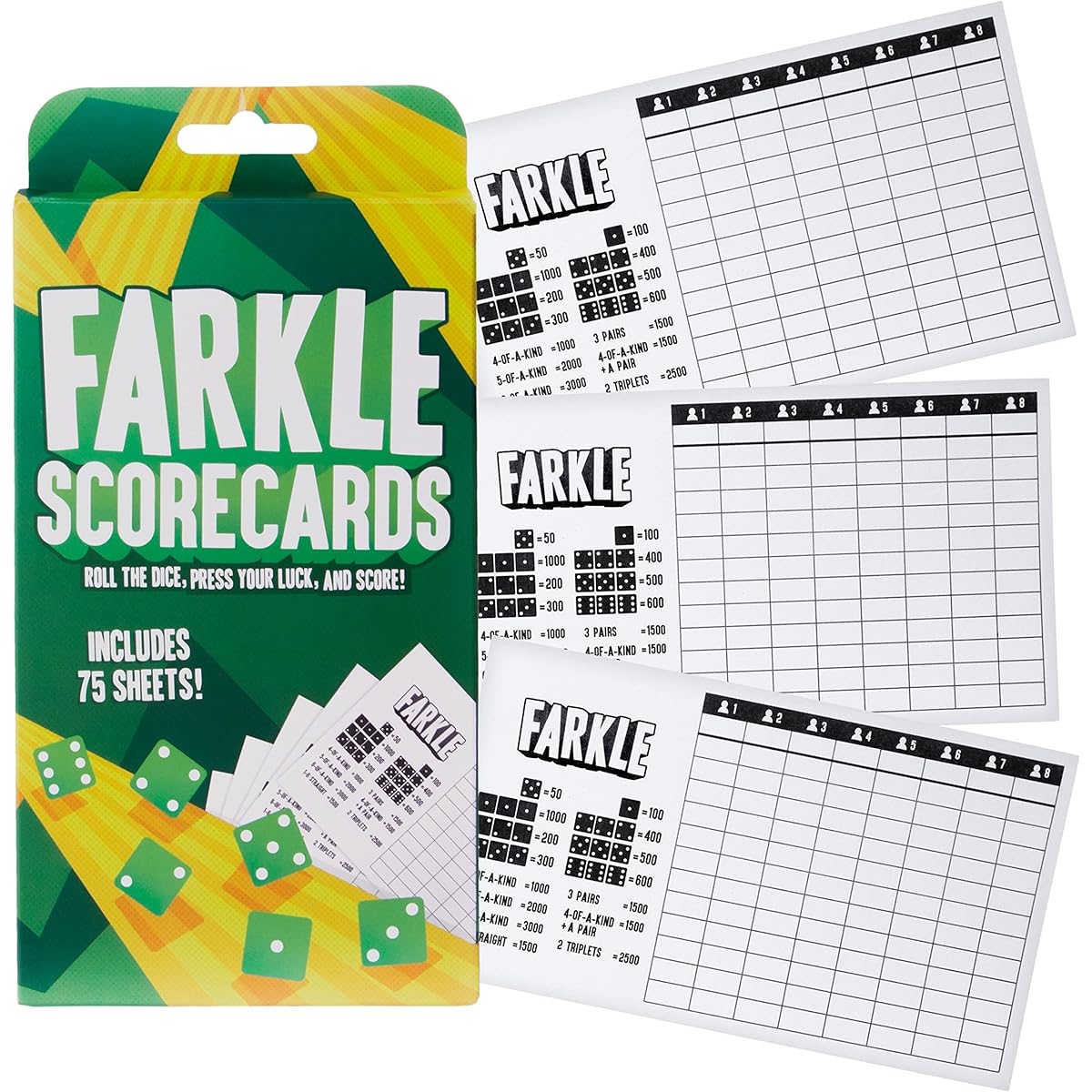 Farkle Scorecards - Set of 75 Replacement Score Sheets for Farkle Dice Games for Up to 8 Players by Brybelly