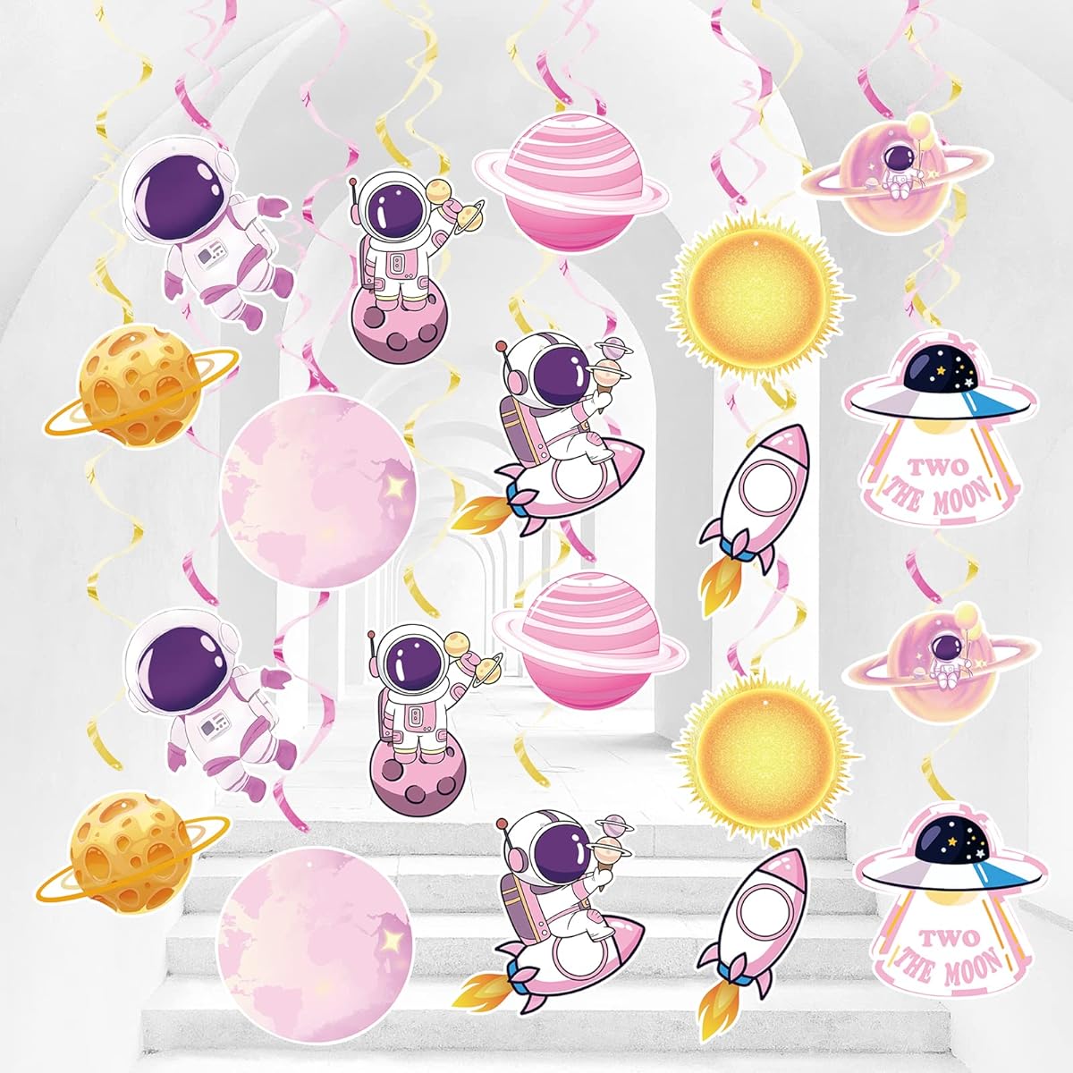 Space Hanging Swirl Party Decoration Pink Solar System Planet Astronaut Foil Ceiling Swirl February 2nd Birthday Decorations Girls Space Party Supplies (20 Pieces)