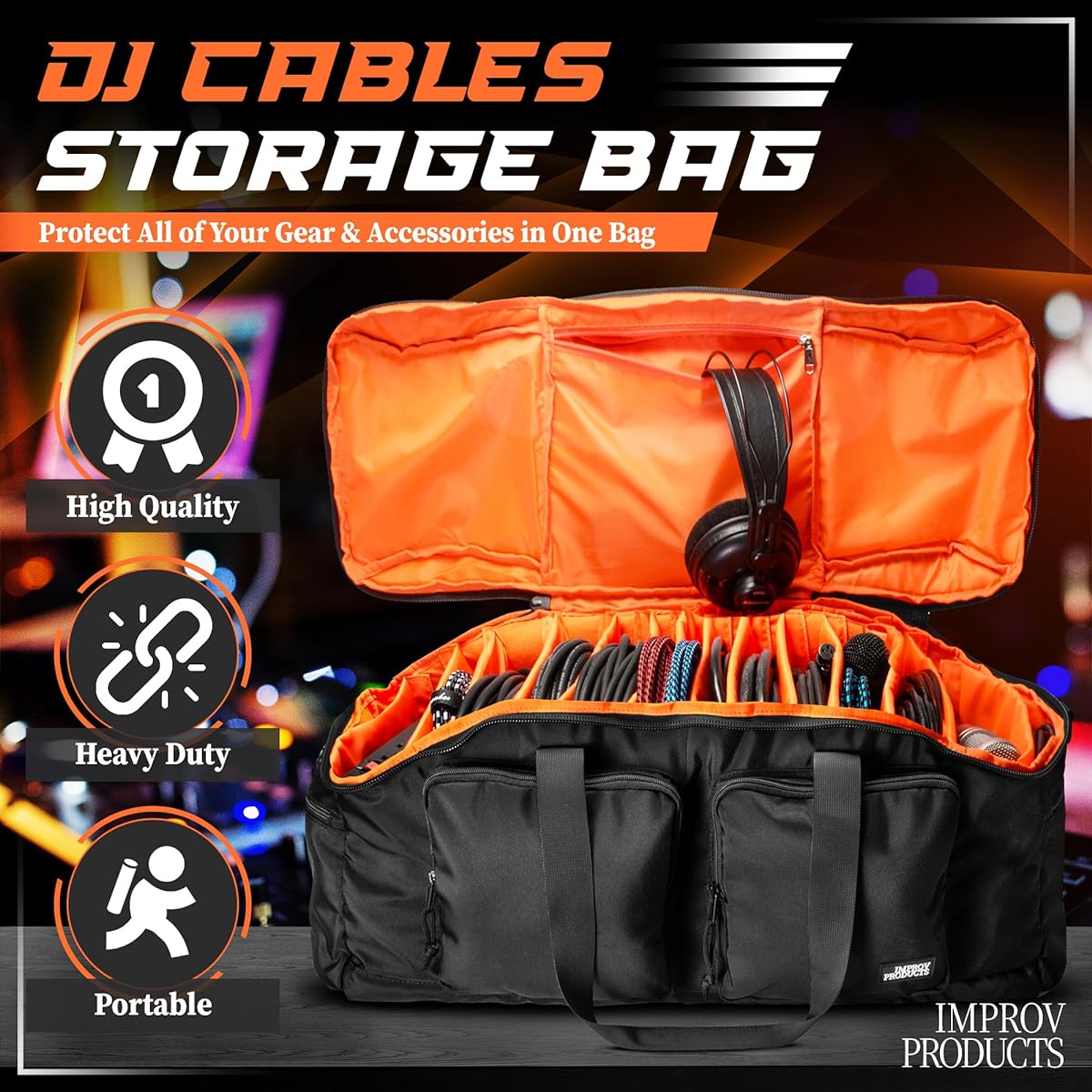 Improv Products DJ Gig Bag - Cable Organizer for Audio Gear - Carrying Accessories, Sound Equipment, Controllers and More - Padded Music Case with File Cable Divider