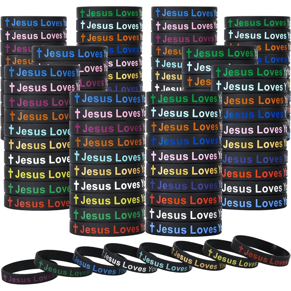 CYCLUSIVE Jesus Loves You Silicone Wristbands Colorful Rubber Bracelets Motivational Rubber Wristbands Christian Bracelets Silicone Inspirational Bracelets for Men and Women Party Favors (Black), Youth, Adult, Rubber Silicone