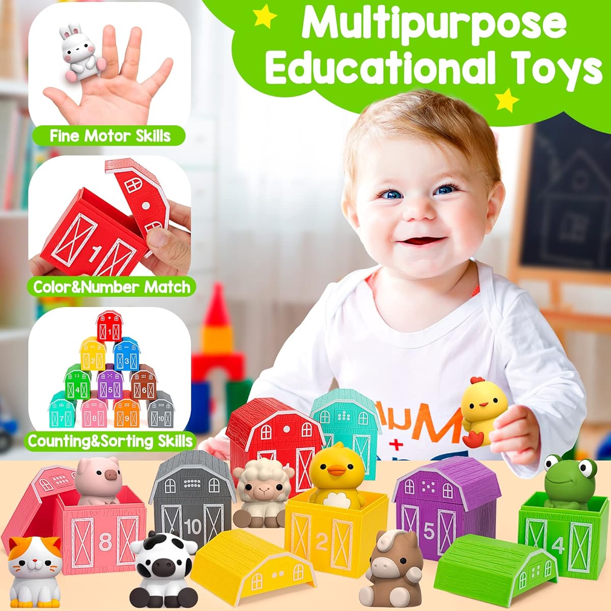 KMUYSL Toys for 1, 2, 3 Years Old, 20 Pieces Farm Animal Toys Counting Skills Color Matching Fine Motor Games Christmas Birthday Easter Educational Gifts for Baby Toddler Boys Girls 12-18 Months