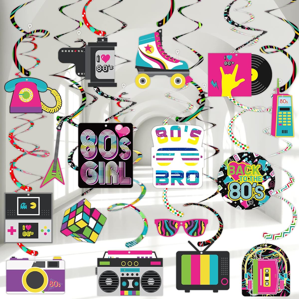 Back to the 80s Party Decorations Hanging Swirl 80s Retro Ceiling Streamers 1980s Neon Throwback Birthday Party Supplies for the 80s