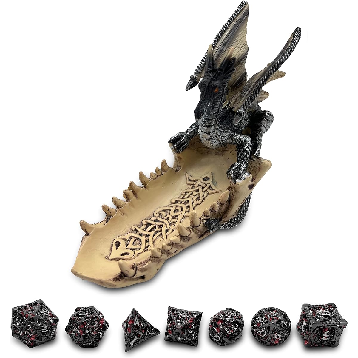 Thyggzjbs DND Dice, Hollow D&D Metal Dice, Dungeons & Dragons Dice Set with Dragon Dice Stray Holder RPG Warhammer MTG Pathfinder 6 Sided Dice Role Playing Dice for D20 D12 D10 D8 D6 D4 (Blood Stain)