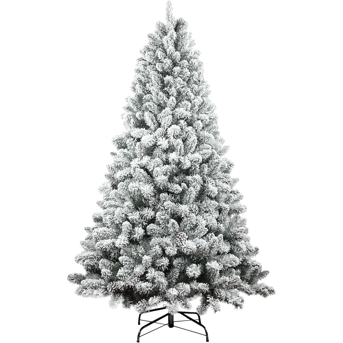 Maylaviu Artificial Snow Christmas Tree, 7ft Flocked Artificial Christmas Tree, Flocked Hinged Christmas Tree with Pine Cones, Reinforced Metal Base, Easy Assembly, Holiday Indoor Home Office Decoration