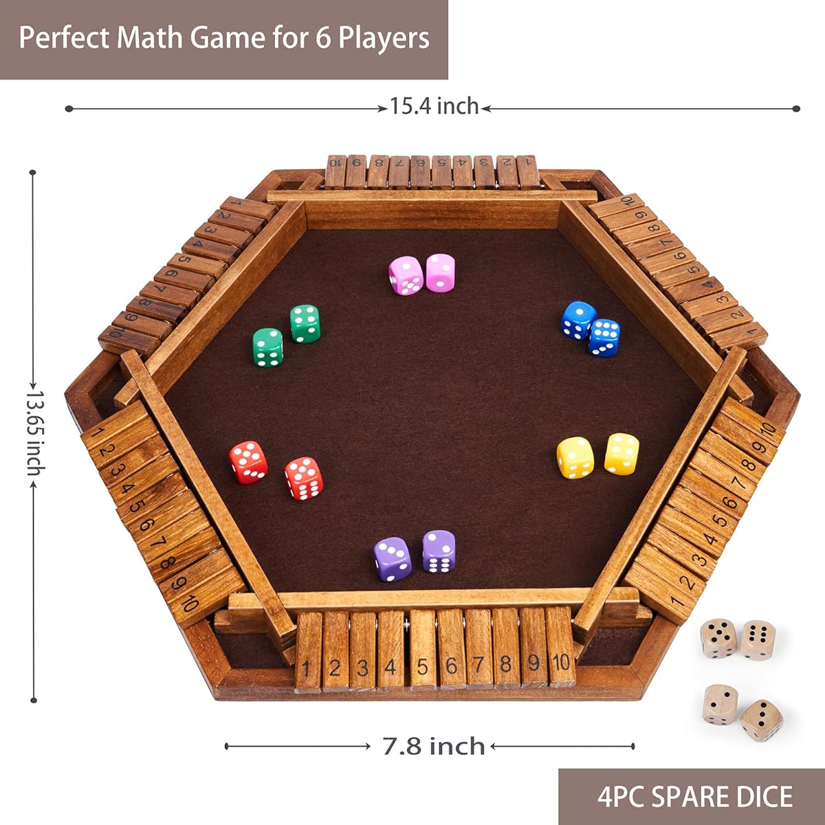 VAMSLOVE Shut the Box Dice Game Wooden Board (L15 x W13) for 1 2 3 4 5 6 Players 6 Sided 10 Number Math Game with 16 Dice for Kids Adults Family Friends Party Club (Instructions Included)
