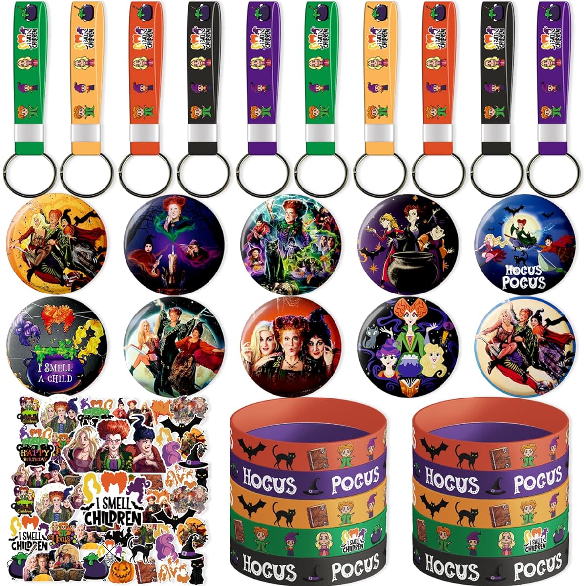 lalamia Witch Party Supplies 80pcs Witch Party Favors, 10pcs Witch Bracelets, 10pcs Witch Pins, 10pcs Keychains, 50pcs Witch Party Decoration Stickers