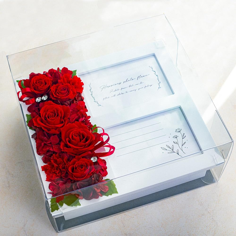 Photo Frame, Preserved Flower Photo Frame, Multiple Pictures, Stylish, Mother's Day, Wedding Gift, Birthday Present, Gift, Wedding Anniversary, Wife, Flowers 22.5cm x 23cm, L version, 2 pieces (Diamond Rose Red)