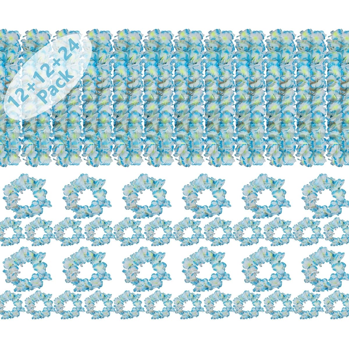 48pcs Heavyweight Hawaiian Leis Bulk Tropical Flower Leis Jumbo Set with 12 Headbands, 24 Bracelets and Floral Necklaces Hawaii Party Supplies Floral Garland Hula Luau Party Decorations Graduation Leis Birthday Beach Wedding Favors (Blue)