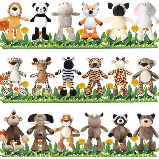 18 Pieces Safari Plush 9.9 Inch Cute Stuffed Animals Jungle Animal Toys Set with Tiger Lion Elephant Monkey Zebra Raccoon Rhino Giraffe Plush Toys for Zoo Animal Theme Party