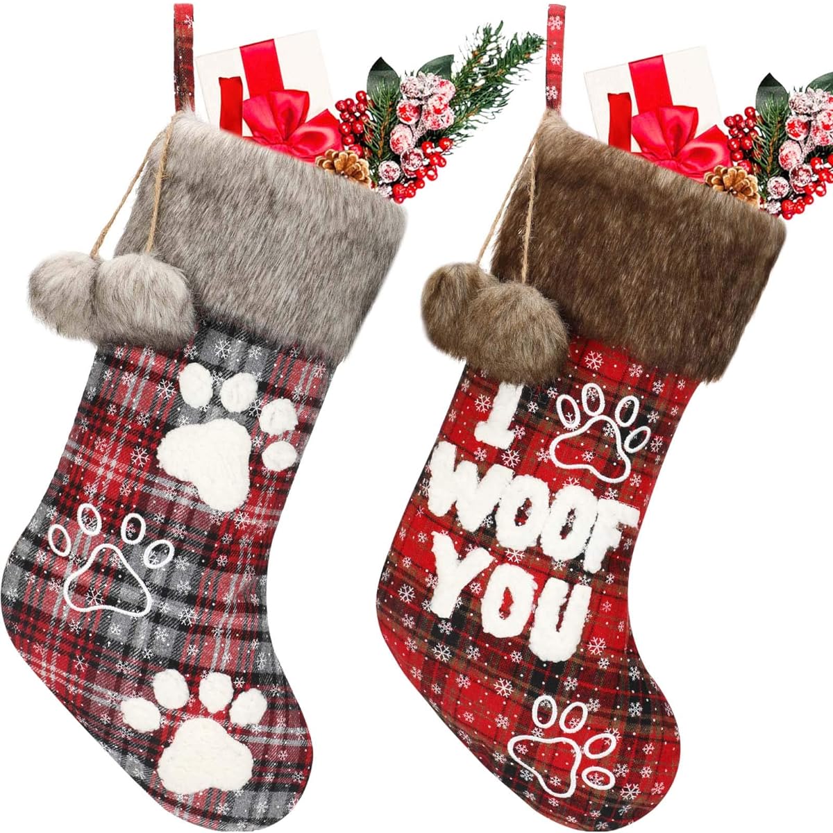 Skylety 2 Pieces 20 Inch Pet Christmas Hanging Stockings Plaid Buffalo Plush Faux Fur Cuff Christmas Stockings with Letters and Dog Paw Prints Plush Doll for Christmas Decorations
