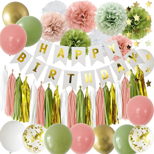 ANSOMO Sage Green and Retro Pink Happy Birthday Party Decorations, White Rose Avocado Olive Blush Gold, Gender Neutral Rustic Decor Supplies for Adults/Women/Girls