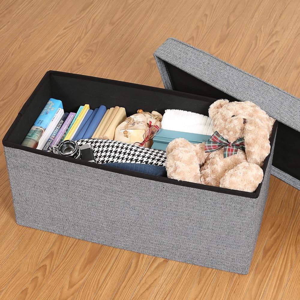 Fuji Boeki Storage Bench Folding Width 76 x Depth 38 x Height 40cm Gray Herringbone Pattern Ottoman Storage Box Load Capacity 150kg Fabric Dino 85888