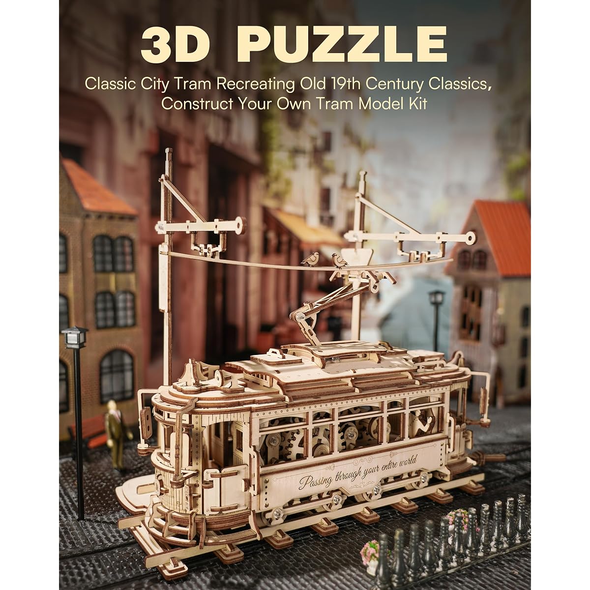RoWood 3D Wooden Puzzle for Adults DIY Mechanical Tram Model Kit 3D Puzzle for Adults Wooden Model Building Kit Unique Gift Wooden Model Kit Building Wooden Puzzle Unique Gift for Teens and Adults