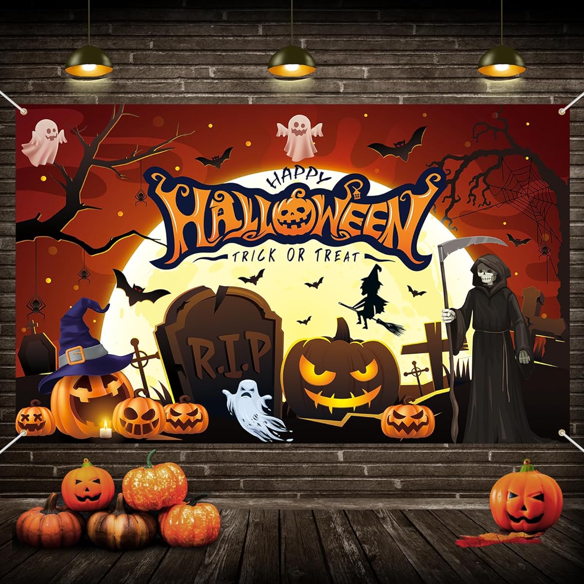 Halloween Banner Happy Halloween Trick or Treat Backdrop Banner Decoration Extra Large Full Moon Pumpkin Tombstone Scary Halloween Background Photo Sign Halloween Party for Indoor Outdoor Wall