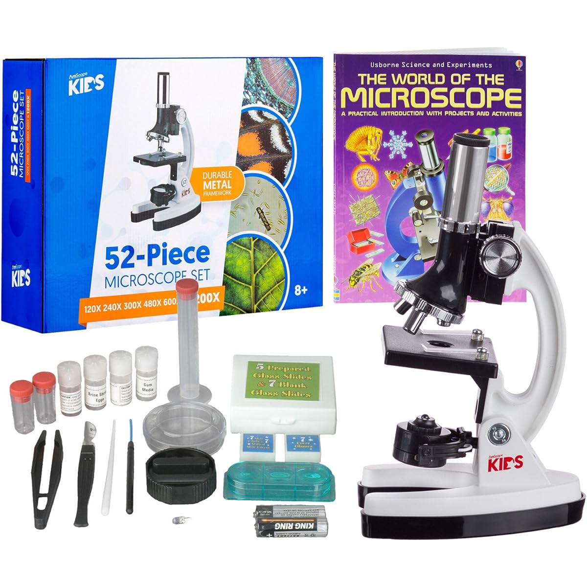 AmScope 1200X Kids Student Beginner Microscope Kit with 52-PCS Slides, LED Light, Storage Box and Book "The World of Microscopes"