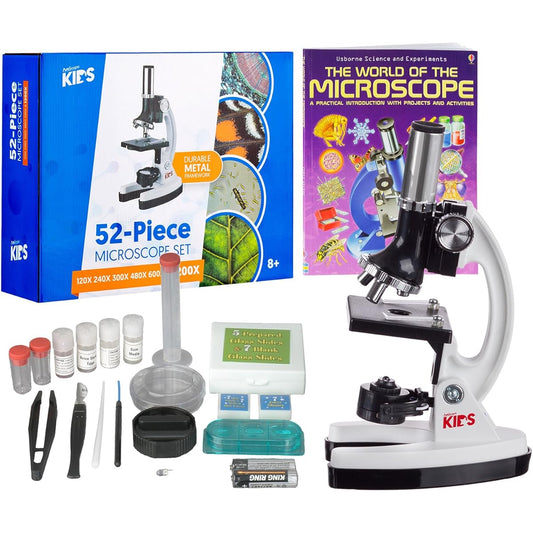 AmScope 1200X Kids Student Beginner Microscope Kit with 52-PCS Slides, LED Light, Storage Box and Book "The World of Microscopes"