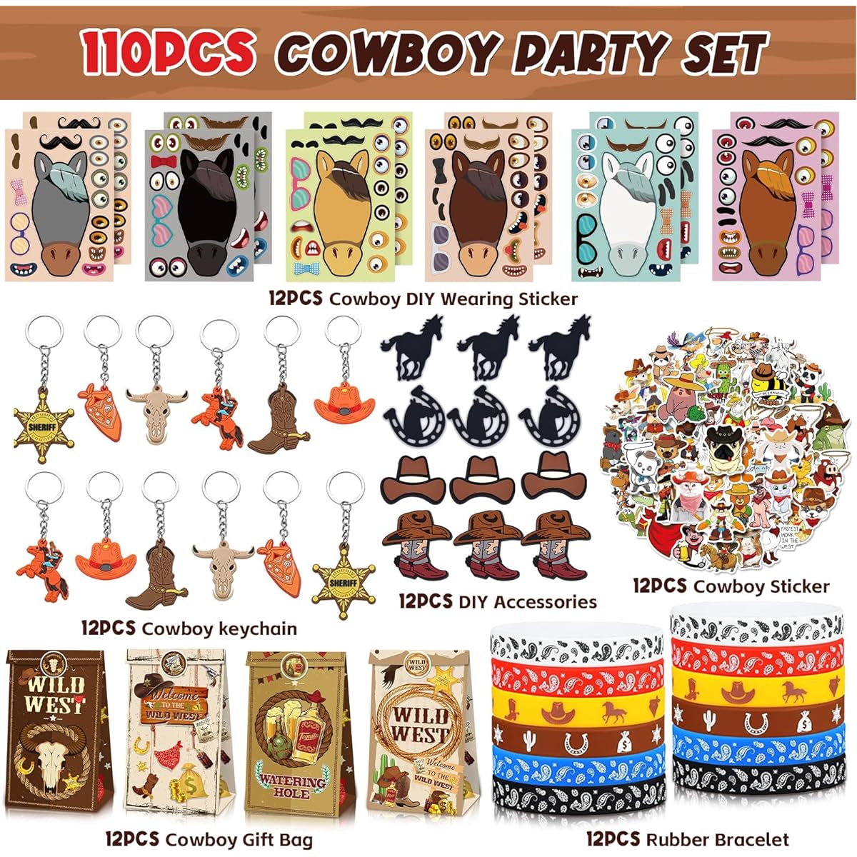 Cowboy Party Favors, 110 Pcs Western Cowboy Goodie Bag Stuffers - Gift Bags, Key Chains, Make Your Own Horse Stickers, Cowboy Stickers, DIY Brooches, Bracelets. Cowboy Birthday Party Supplies, Great for Boys