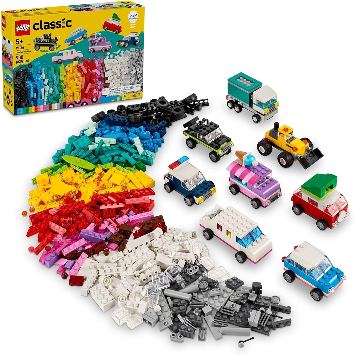 LEGO Classic Creative Vehicles Colorful Construction Brick Building Kit with Ice Cream Truck Police Car Toy Model City Car and More Gift Car Toys for Boys Girls Kids Ages 5+ 11036