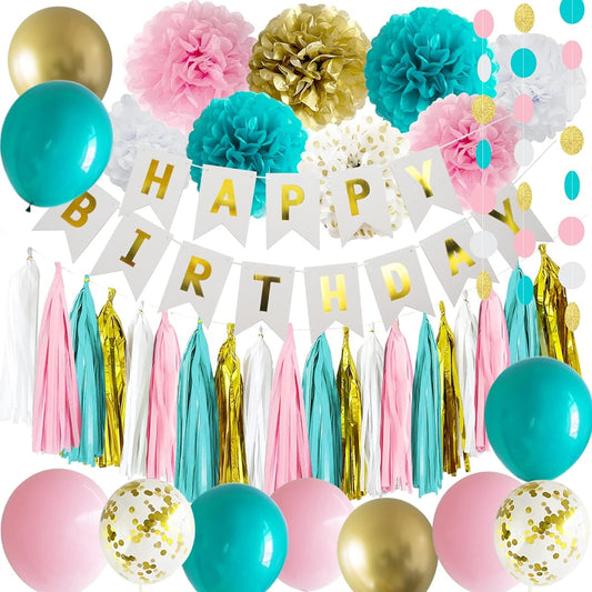 ANSOMO Teal Blue and Pink Happy Birthday Party Decorations, Pastel White Blush Gold, Gender Neutral Decor Supplies Balloons for Girls Women Teens Kids