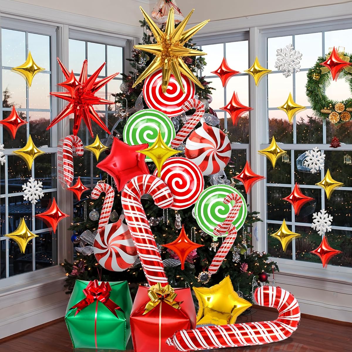 LWBDD Merry Christmas Candy Foil Balloons,Christmas/Birthday Decorations Christmas Party Supplies Christmas Balloons Garland Arch Kit Canes Swirls Mylar Candy Balloons for Winter New Year Holiday Party