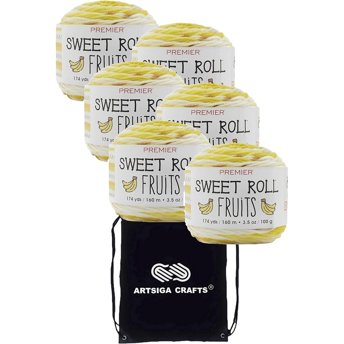 Premier Yarns Sweet Roll Fruits Banana 2056-08 (6 Skeins) Tone Dyed Worsted Medium #4 Soft Knitting Yarn 100% Acrylic Bundle with 1 Artsiga Craft Bag