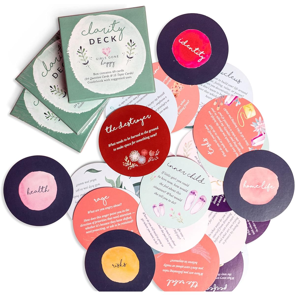 GIRLS GONE Happy Clarity Deck | 49 Questions & Topic Cards for Self-Care, Personal Growth, and Couples | Great Conversation Starters for Deeper Connections with Friends, Family, Partners, and Groups