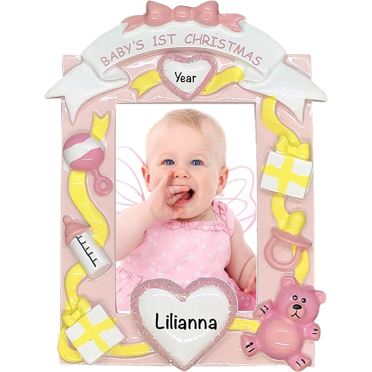 Pink Baby 1st Year Old Christmas Photo Frame - (Unique Christmas Tree Ornaments - Classic Decorations for Holiday Parties - Custom Decorations for Family, Kids, Babies, Military Sports and Pets)