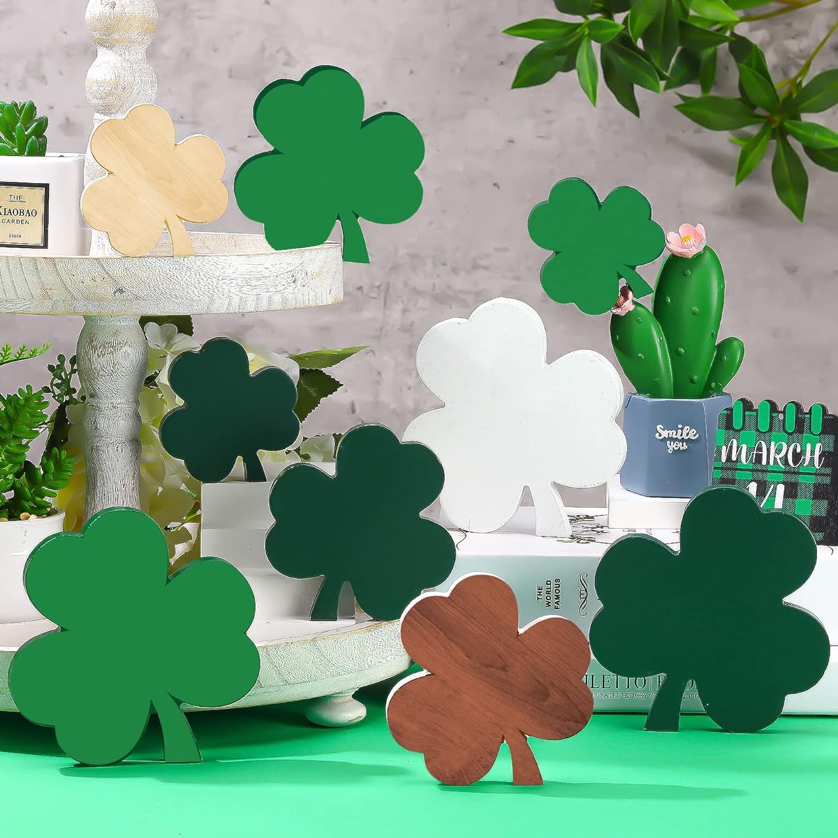 9 Pieces St. Patrick's Day Wooden Table Decor Centerpiece Blocks Shamrock Shaped Irish Patty Tiered Tray Tabletop Sign Office Dining Room Mantle Homewood St. Patrick Party Supplies