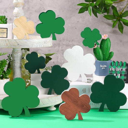 9 Pieces St. Patrick's Day Wooden Table Decor Centerpiece Blocks Shamrock Shaped Irish Patty Tiered Tray Tabletop Sign Office Dining Room Mantle Homewood St. Patrick Party Supplies