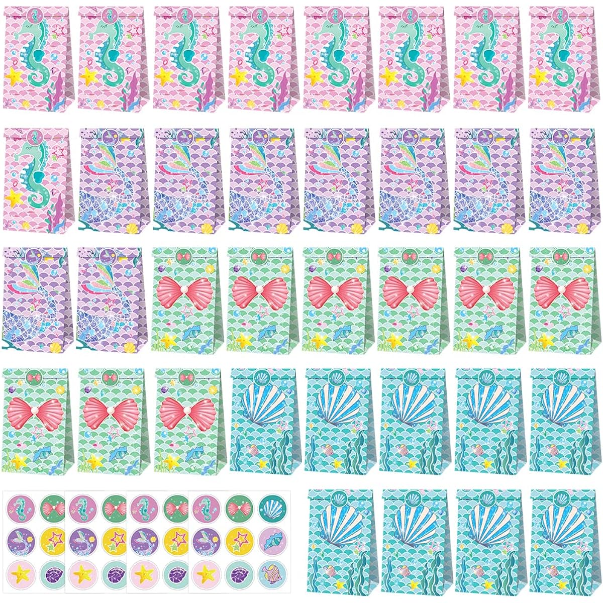 Airsnigi 36 Pieces Kraft Paper Party Favors Bags Mermaid Gift Bags Bulk Candy Goodie Bags Party Supplies for Mermaid Themed Party(4 Styles)