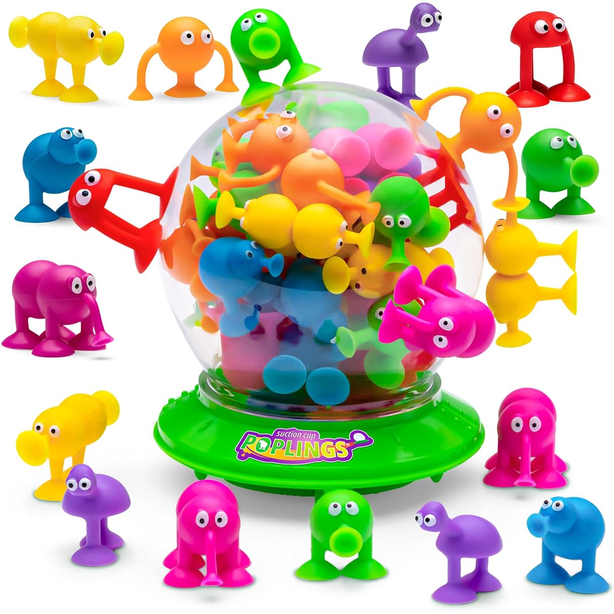 Poplings - 35 Suction Cup Toys in UFO Container - Sensory Kids Bath Game for Ages 3, 4, 5, 6, 7, Boys and Girls Safe - Great Sensory Travel UFO Toy! Baby Suction Toys for Older Toddlers! Fidget