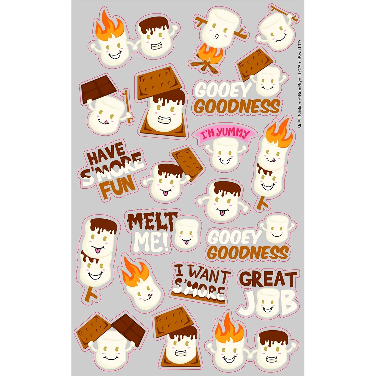 McEtt S'Mores Marshmallow Sticker Sheet - Fun S'mores Stickers for Kids and Adults - 3 Sheets (60 Pieces)
