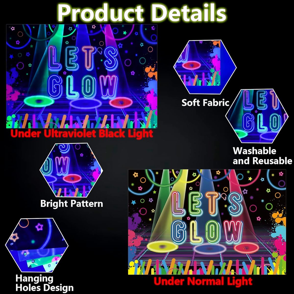 Glow in the Dark Party Backdrop Glow Backdrop Neon Glow Banner Glow in the Dark Party Decorations Glow Neon Theme Birthday Party Supplies 71x47inch Glow Party Background