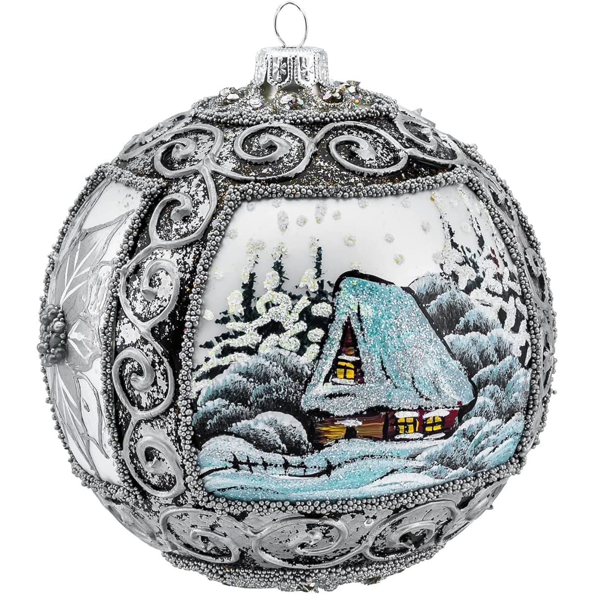 Polish Gallery Christmas Ornament Winter Charm View with Poinsettia Blown Glass Ball (150mm / 6inch, Silver)