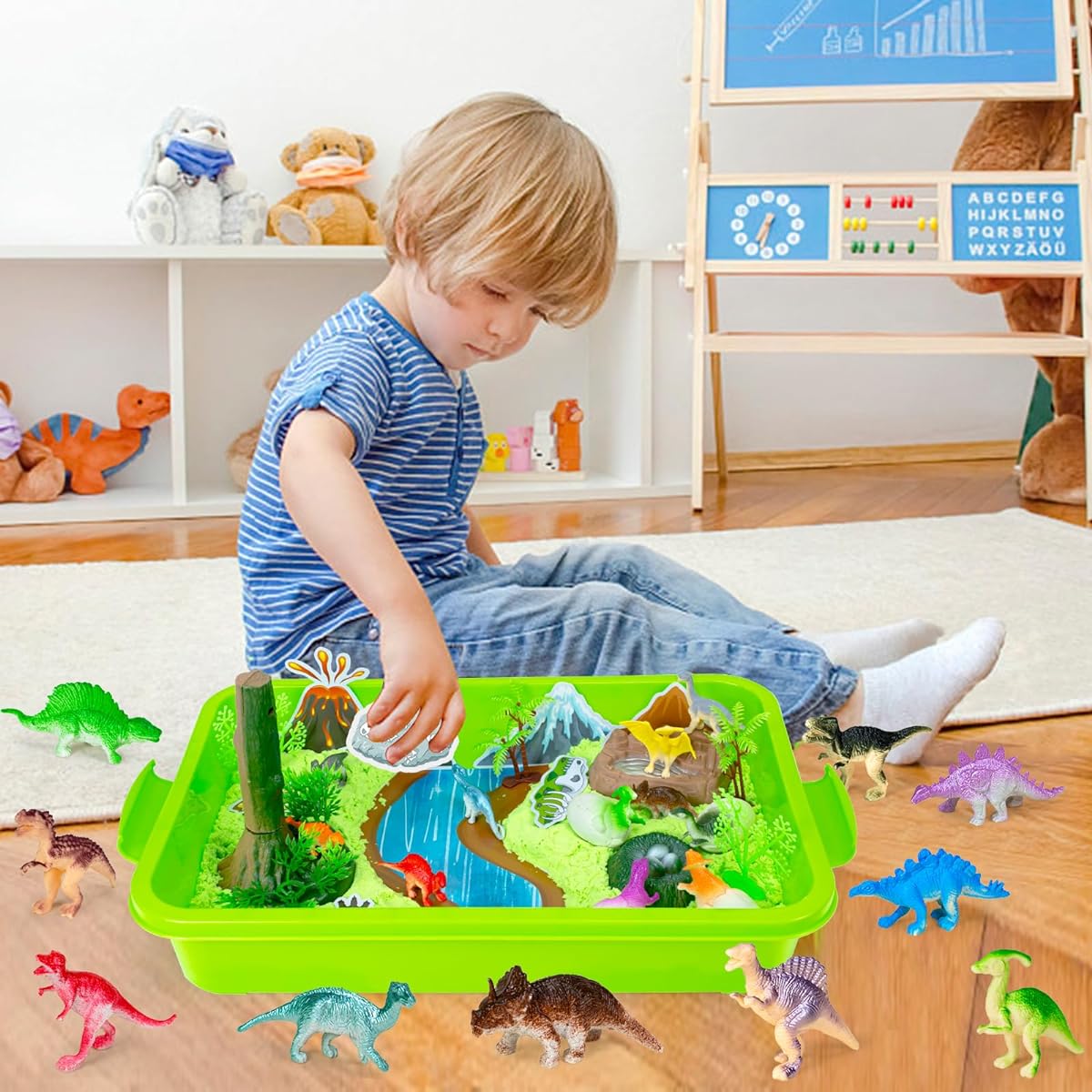 Hymaz Sandbox Playset - Dinosaur Park Playset, Sensory Toy for Kids Ages 3+, Sandbox with Lid, Sand Castle Molds & Cake Tools, Gift for Boys and Girls Ages 3-4-8