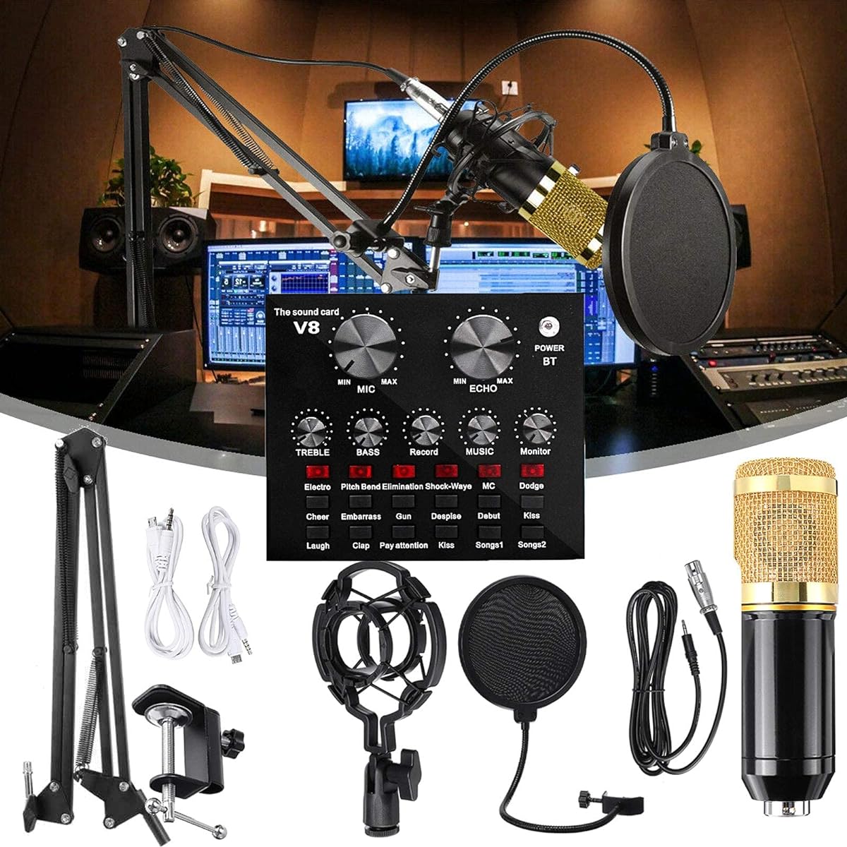 Condenser Microphone Bundle, BM-800 Microphone Kit with Live Sound Card and Adjustable Mic Suspension Scissor Arm, Professional Studio Cardioid Podcast Microphone Kit for Studio Recording and Broadcasting DDF