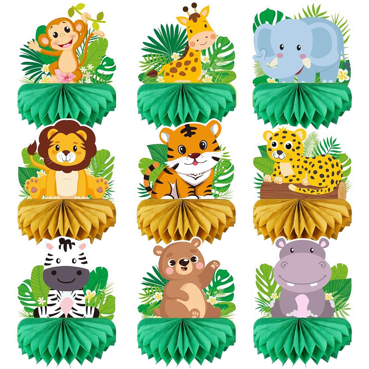 9pcs Safari Honeycomb Centerpieces for Table Jungle Animals Baby Shower Decorations for Boys/Kids Room Wild Forest Theme Birthday Party Decorations