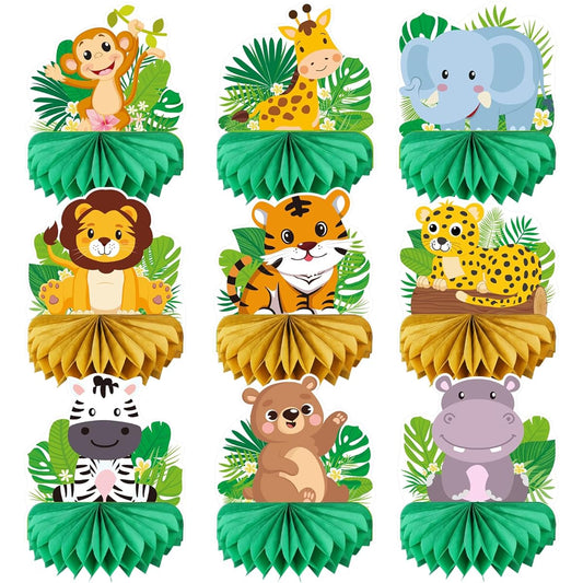 9pcs Safari Honeycomb Centerpieces for Table Jungle Animals Baby Shower Decorations for Boys/Kids Room Wild Forest Theme Birthday Party Decorations