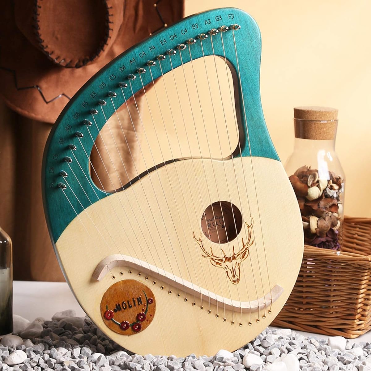 WowZza Stringed Lyre Solid Wood Mahogany with Carry Bag Heptachord for Beginners Kids Adults Musical Instrument/Blue/14.96X10.43X1.18inch