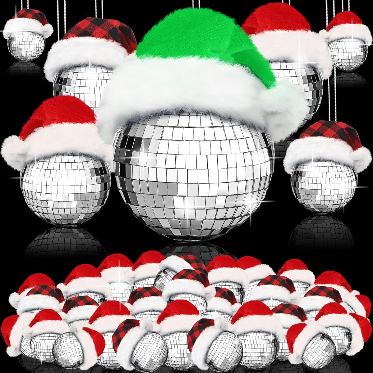 Poen 35pcs Christmas Mirror Disco Ball Set, Reflective Mini Disco Balls with Hats and Rope Decorations, 70s Disco Theme Party Decorations for Christmas/Wedding/Family Party (2", 3", 4")
