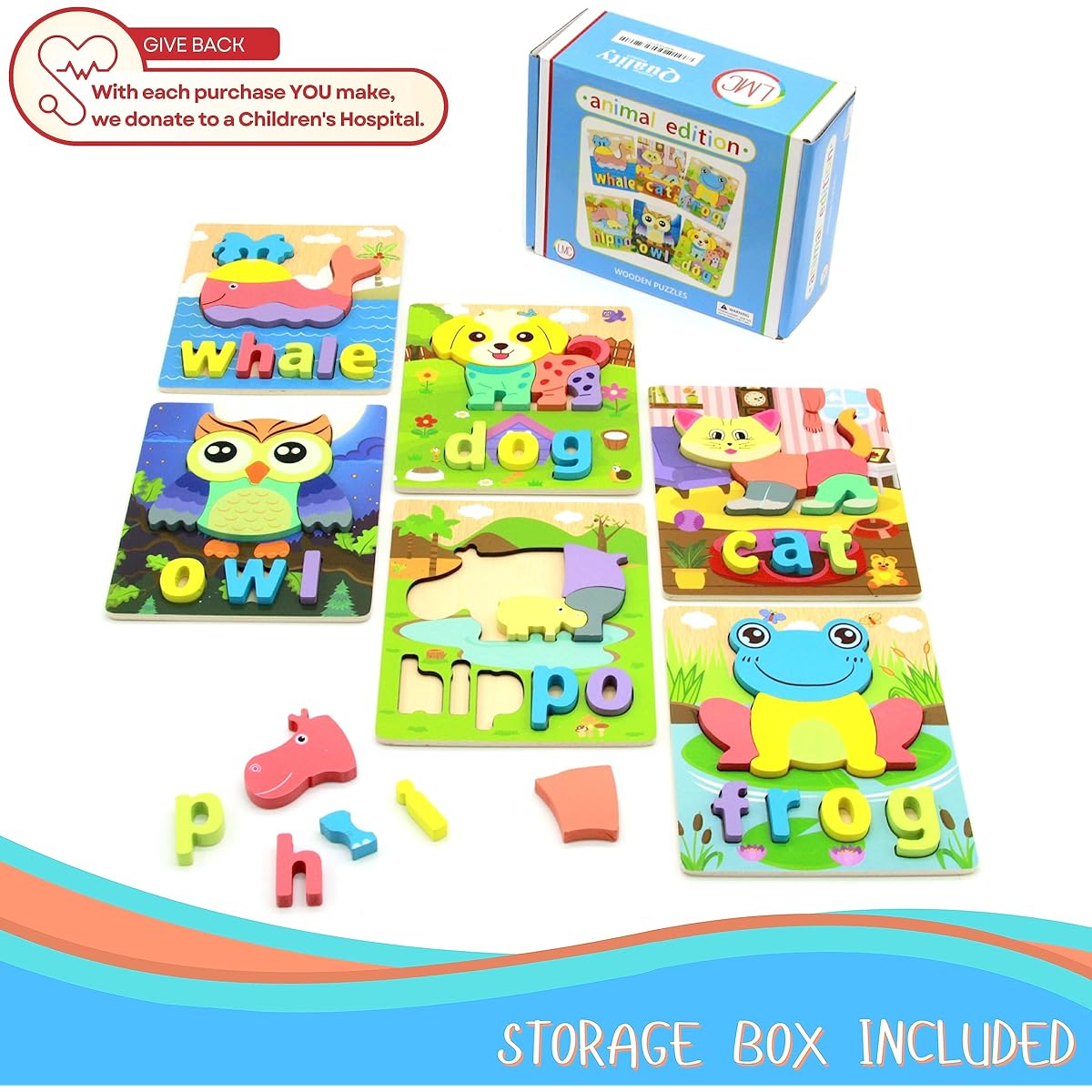 LMC Products Wooden Puzzles for Kids 6 Pack Animal Edition Wooden Toddler Puzzles with Words Kids Puzzles for Boys & Girls Montessori Toys for Toddlers