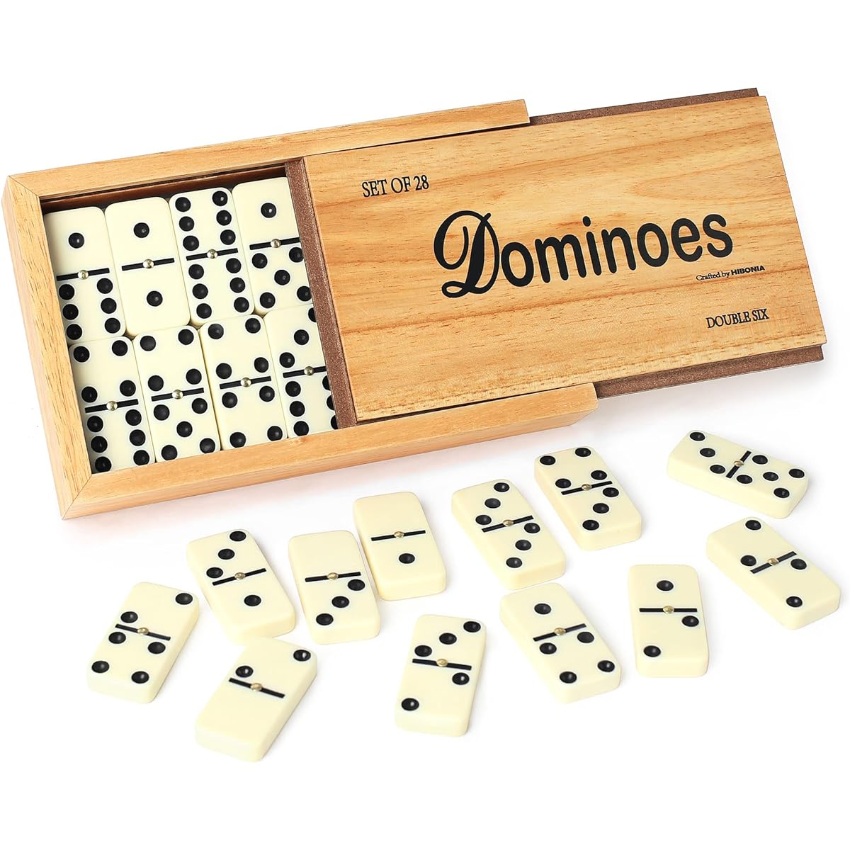 HIBONIA Domino Set - 28 Piece Double Ivory Domino Tiles Set of 6 Classic Numbers Table Game with Wooden Carry/Storage Case