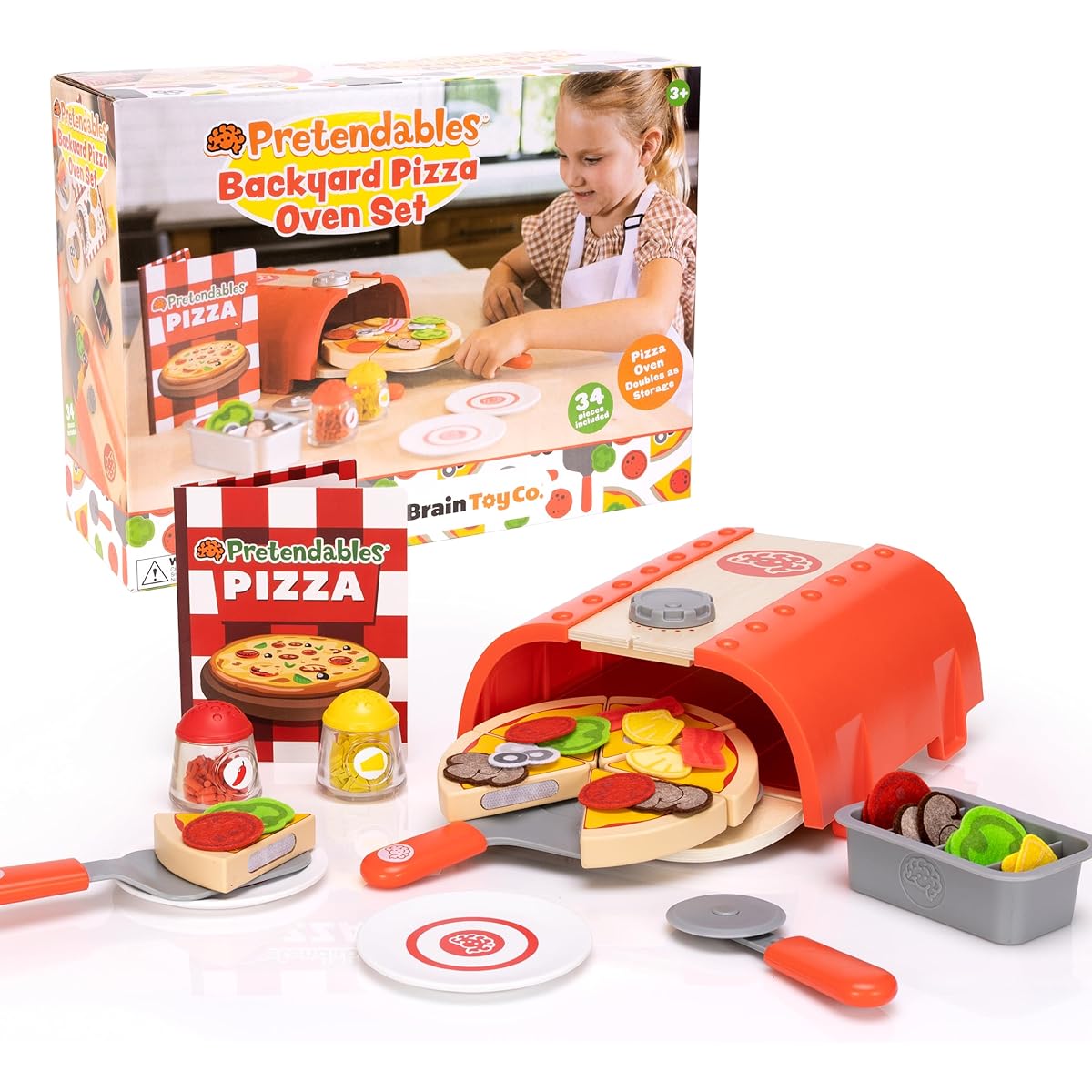 Fat Brain Toys Authentic Pizza Making Pretend Set at Home Wooden Pretend Play Set with Pizza Oven FA405-1 Authentic Product